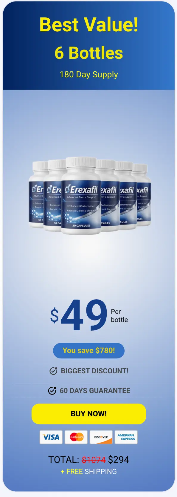 Erexafil Best Value Package - 6 bottles at $49 per bottle, 180 day supply with $780 savings
