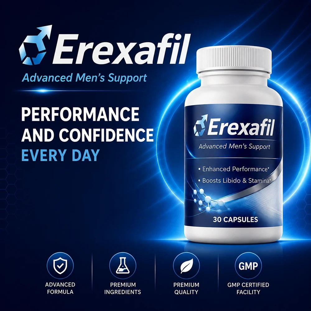 Erexafil advanced men's support supplement bottle with GMP certified quality badges